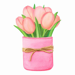 Vase with pink tulips watercolor illustration
