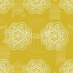 Vector gold garden tea party with white doilies and birdcages. Perfect for decorations, stationary, scrapbooking and fabric.