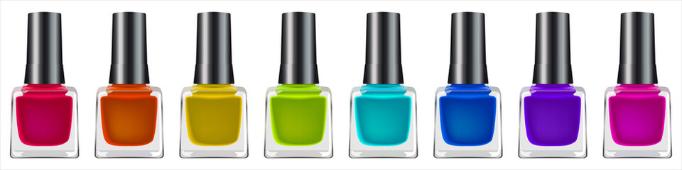 Obraz premium Group of bright nail polishes isolated on white. Set of nail polish: pink, red, orange, yellow, green, blue and violet. Raster realistic illustration.