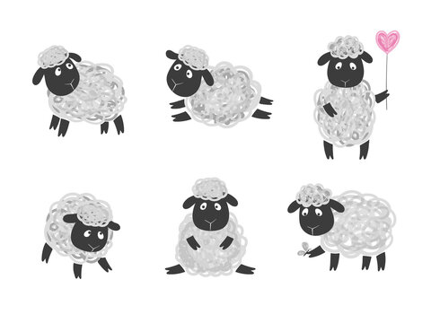 Set of cute sheep. Vector illustration of cartoon lambs.