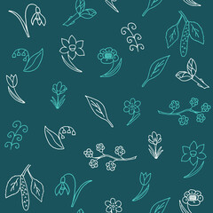 Graphic spring seamless pattern on a dark background. Flowers, leaves, buds on trees, birch catkins