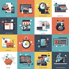 Business, technology and management icon set for websites and mobile applications. Flat vector illustration