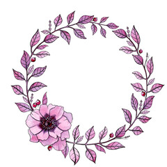 Floral frame with watercolor purple flowers, branches, berries. Hand drawing wreath, template for text.