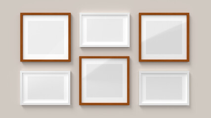 3D Render mockup of six horizontal and square wooden and white plastic empty frame with paper border inside and gray space on bright beige wall. Border template creative project concept with sunlight