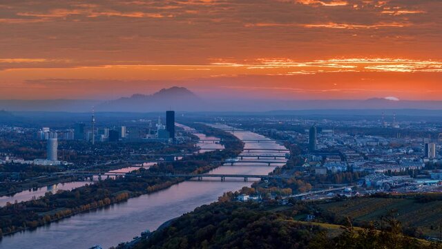 Vienna skyline aerial view time lapse, beautiful sunset over city vienna austria time lapse from day to night.