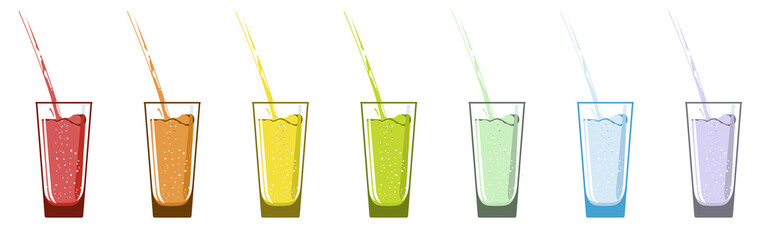 Glass glasses with drinks of different colors. A rainbow colored liquid pours out.