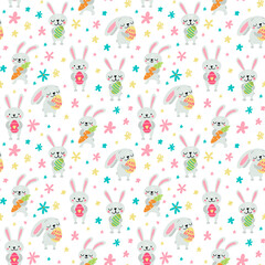 Vector seamless pattern for Easter with rabbits and eggs and spring designs.