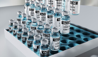 Covid-19, SARS-CoV-2, box with coronavirus vaccine ampoules - 3D illustration