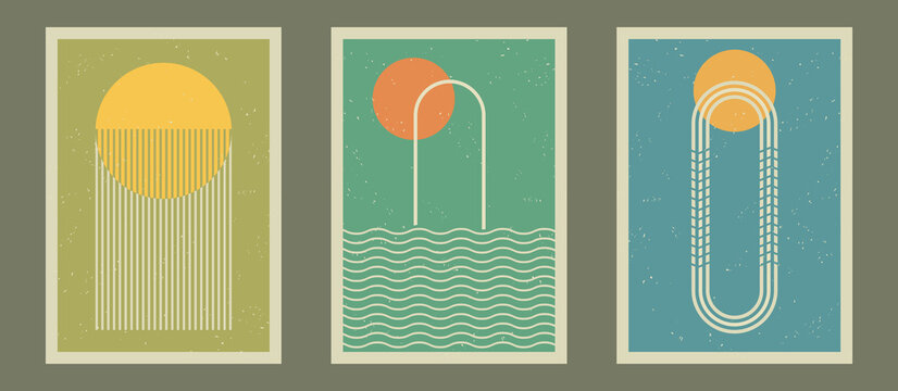 Vintage, retro art prints, posters set with sun, sea, rainbow and stripes for wall decoration, brochure cover, background, backdrop, banner, template. Art pattern. Contemporary, modern art.