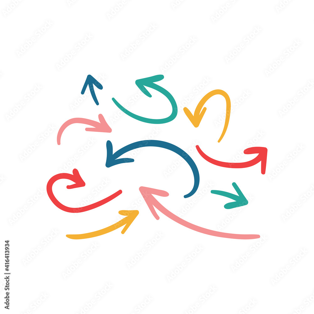 Wall mural set of colored arrows of different shapes and directions hand drawn on white background vector illus