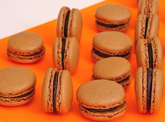 Homemade Chocolate cocoa macaron cookies filled with chocolate hazelnut ganache on an orange background