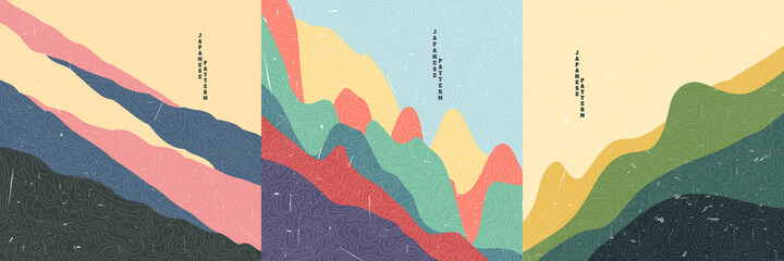 Vector illustration landscape. Vintage Asian style. Japanese pattern overlay. Hills background. Design elements for social media template, blog post, square banner. Aerial view. Mountain peak.