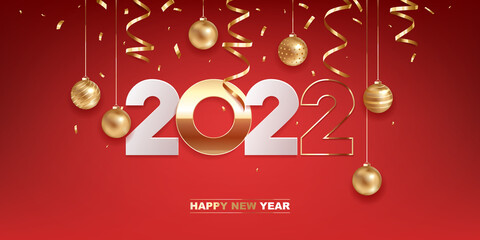 Happy new year 2022. White paper and golden numbers with Christmas decoration and confetti on red background. Holiday greeting card design.