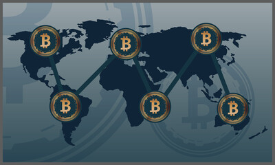  vector illustration of bitcoin in the world symbol of technology and wealth. Eps 10