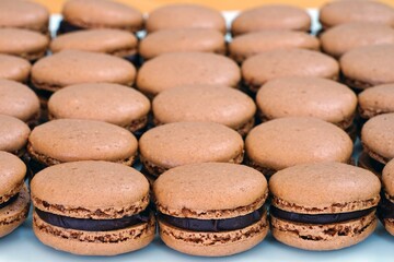 French macaron cookies filled with chocolate ganache cream