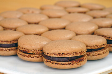 French macaron cookies filled with chocolate ganache cream