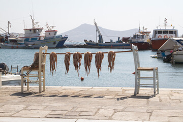 Naxos,Cyclades,Greece3  07.28.16  
A row of octopuses, hanging from a rod ,  that rests on two...