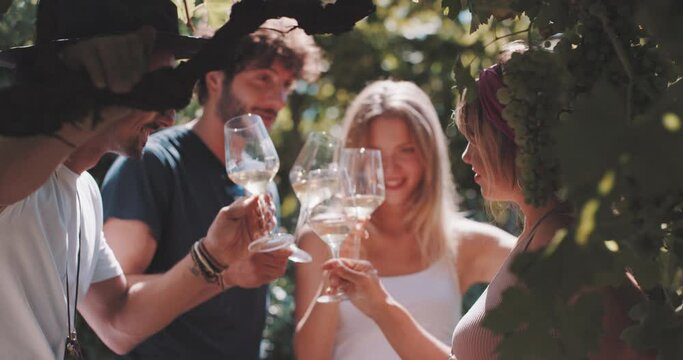 Group of beauty millennial friends raising hands toasting with wine