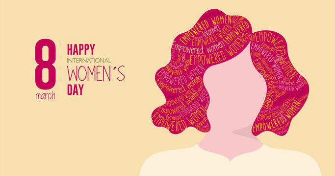 HAPPY INTERNATIONAL WOMEN S DAY. Silhouette of woman with red hair filled with the words EMPOWERED WOMAN on yellow background. Vector image