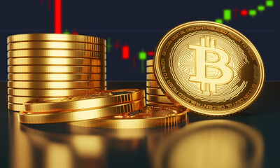 Gold bitcoins on a stack of coins with chart of growing and falling valuance of a cryptocurrency