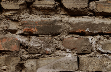 Background Of Old Vintage Dirty Brick Wall With Peeling Plaster, Texture.