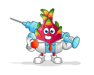 dragon fruit doctor holding medichine and injection vector. cartoon character