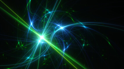 Abstract background, smooth blue and green lines on a black background.