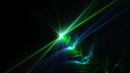 Abstract background, smooth blue and green lines on a black background.