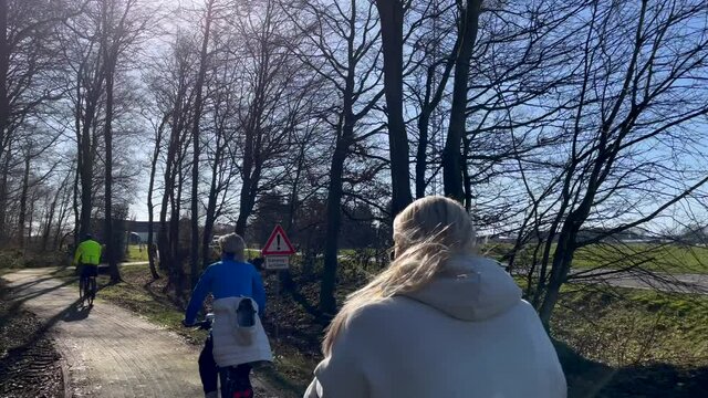People Riding Bicycles Traveling Through Pavement Trail Passing By Winter Trees During Sunny Day. - Slow Motion