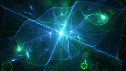 Abstract background, smooth blue and green lines on a black background.