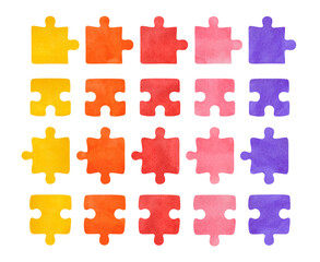 Watercolor illustration set of colorful jigsaw puzzle pieaces. Yellow, orange, pink, violet colors. Hand painted watercolour graphic drawing, cut out clipart elements for creative design decoration.