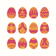 Set of decorative Easter eggs. Hand-painted doodles. Vector illustration for design. Isolated on white background abstract shapes and patterns. Pink and yellow colors.