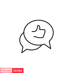 Bubble speech talk with thumb up line icon. Testimonials and customer relationship management concept. Simple outline style. Vector illustration isolated on white background. Editable stroke EPS 10. 