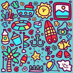 hand drawn cartoon beach doodle design for wallpaper, stickers, coloring books, pins, emblems, logos and more