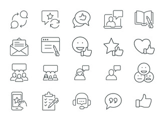 Business and finance web line icon set. Testimonials, customer relationship management or CRM concept. Simple outline style symbol collection. Vector illustration isolated on white background. EPS 10.
