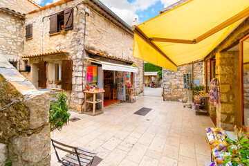 A picturesque gift and souvenir shop in the medieval walled village of Gourdon, France, in the Provence Alpes Maritimes district.