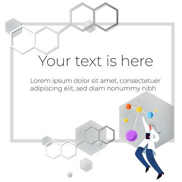 Vector Illustration Template, Frame Layout For Slide Design, Presentation, Title Page, Introduction, Home Page. Chemical Structure Is Depicted, Laboratory Assistant Holds Molecule In His Hand.