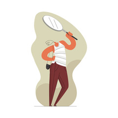 Vector flat isolated metaphor illustration with character, woman, looking through enlarged magnifying glass. Concept search, analysis, consideration, study, following, choice.