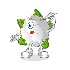 cauliflower with paper plane character. cartoon mascot vector