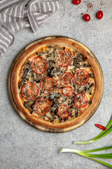 Tasty hot italian pizza with eggplant, tomatoes, cheese. Pizzeria menu. Concept poster for Restaurants or pizzerias. 