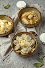Dumplings with meat, potatoes and cottage cheese with sour cream and spices. Traditional Ukrainian and Russian dish.