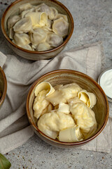 Dumplings with meat, potatoes and cottage cheese with sour cream and spices. Traditional Ukrainian and Russian dish.