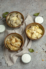 Dumplings with meat, potatoes and cottage cheese with sour cream and spices. Traditional Ukrainian and Russian dish.