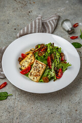 Fresh vegetable salad: tomatoes, cucumbers, olives, chicken. Healthy balanced dietary nutritious food.