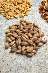 Snacks for beer. Salted roasted pistachios. Octoberfest party dinner. Festive table with delicious food.