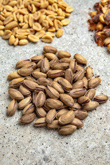 Snacks for beer. Salted roasted pistachios. Octoberfest party dinner. Festive table with delicious food.