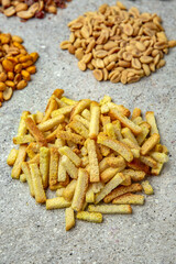 Snacks for beer. Salted fried croutons. Octoberfest party dinner. Festive table with delicious food.