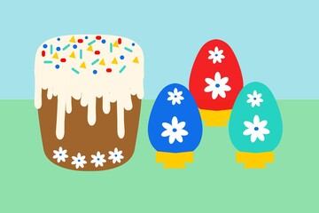 Easter, festive cake, colored eggs on stands. Multicolored illustration for design