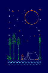 illustration of camping by the river a forest in the beautiful moonlight