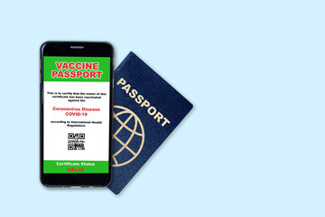 Vaccine passport concept showing proof of COVID-19 vaccination on smartphone and travel passport. New normal for air and land border travel.